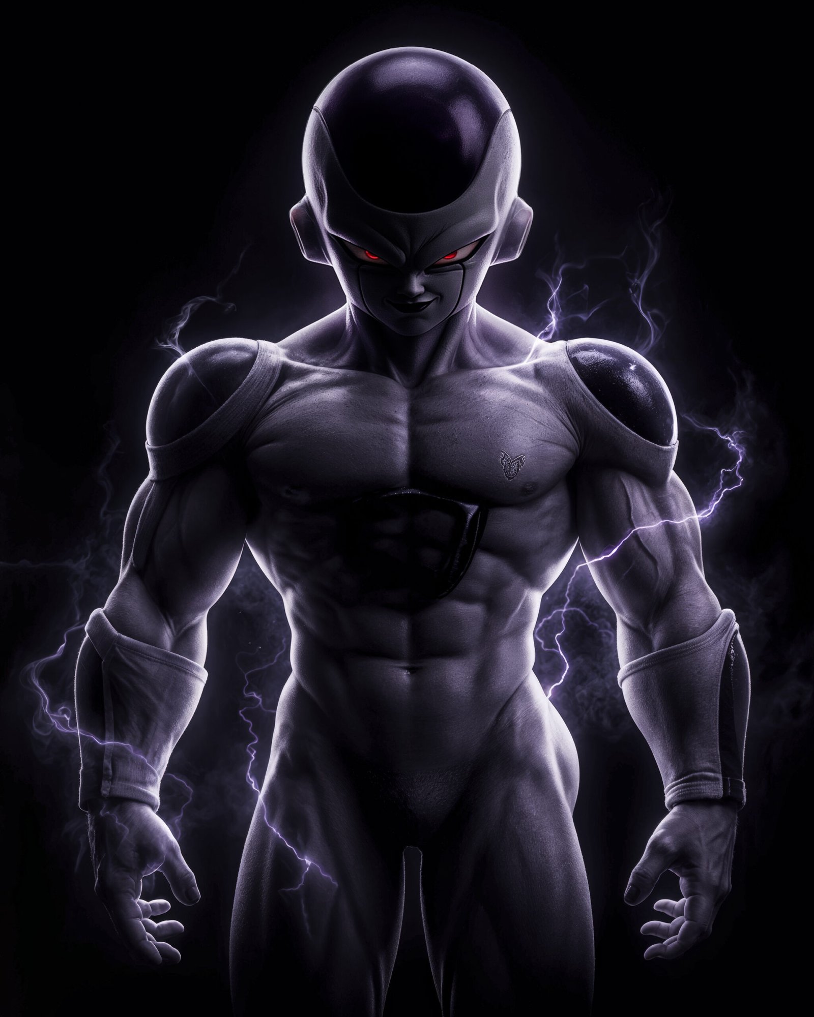 Freezer — Tableau Dark Icons, portrait silhouette en clair-obscur aux éclairs violets et yeux rouges, inspiré de Dragon Ball, art mural premium