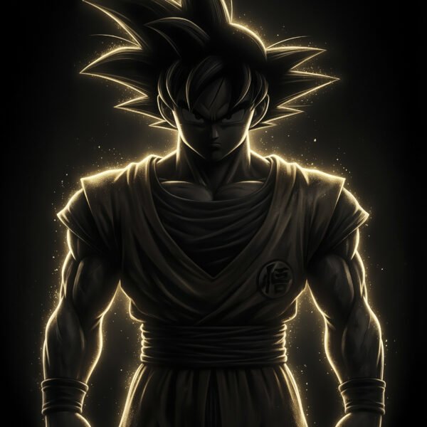 Goku — Tableau Dark Icons, portrait silhouette en clair-obscur à l'aura dorée Super Saiyan, inspiré de Dragon Ball, art mural premium