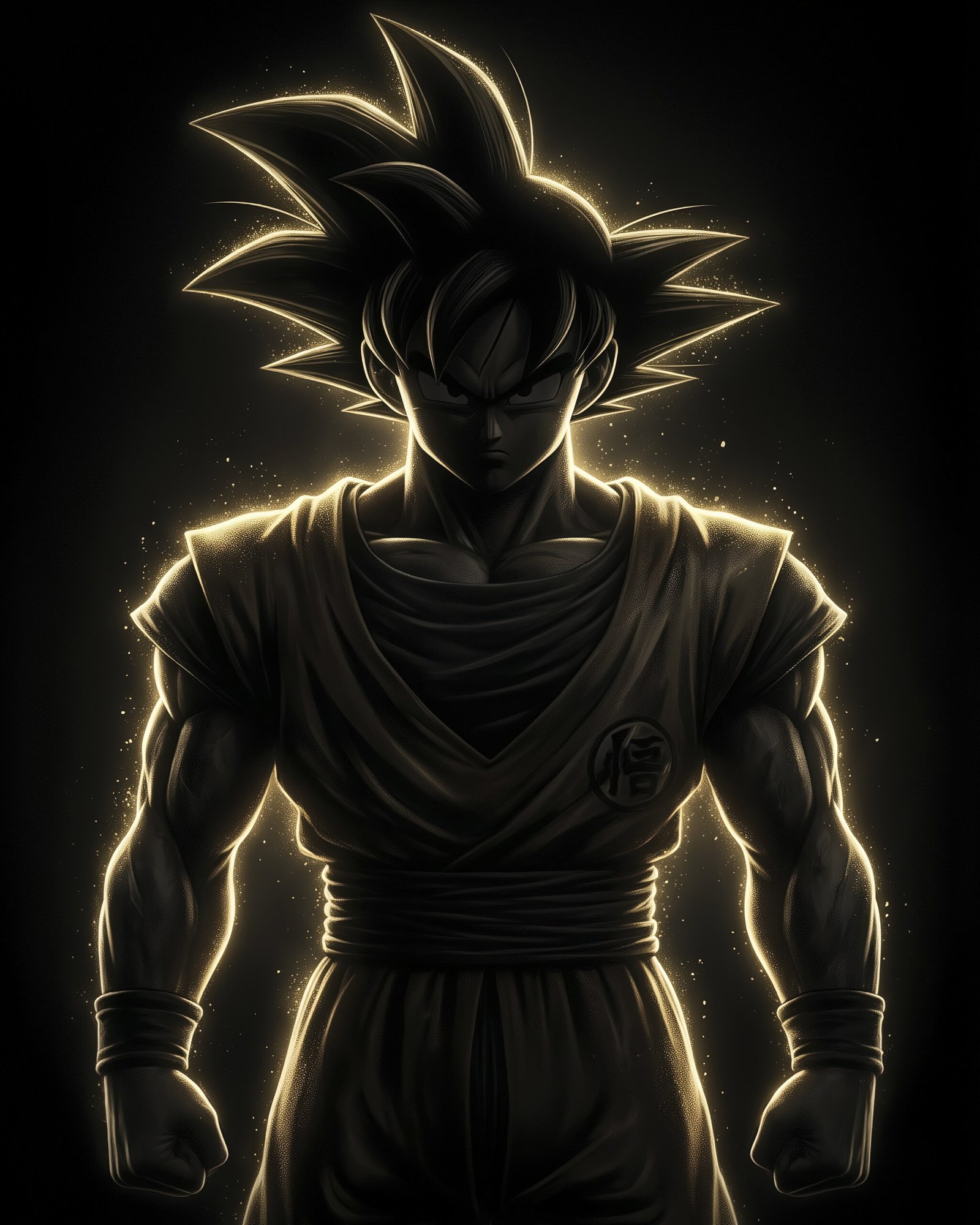 Goku — Tableau Dark Icons, portrait silhouette en clair-obscur à l'aura dorée Super Saiyan, inspiré de Dragon Ball, art mural premium