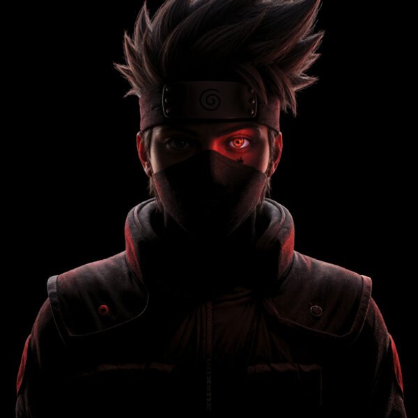 Kakashi — Tableau Dark Icons, portrait silhouette en clair-obscur au bandeau ninja et œil du Sharingan, inspiré de Naruto, art mural premium