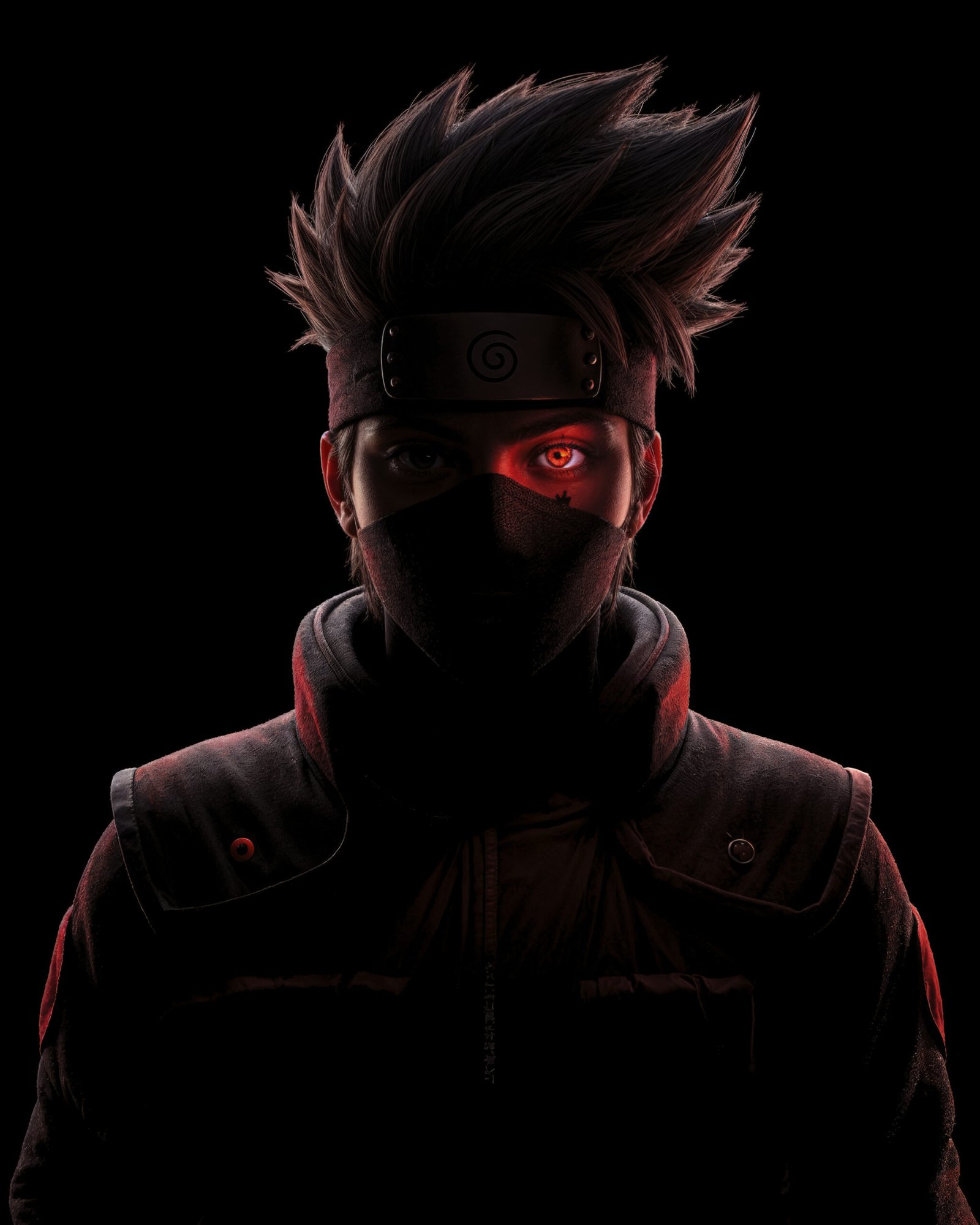 Kakashi — Tableau Dark Icons, portrait silhouette en clair-obscur au bandeau ninja et œil du Sharingan, inspiré de Naruto, art mural premium
