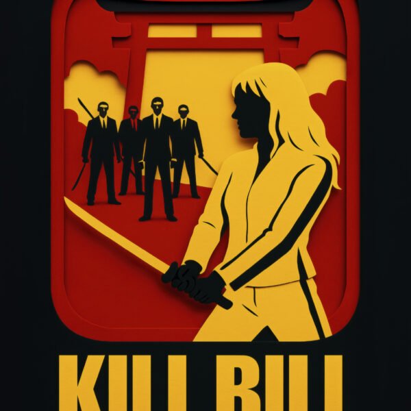 Tableau Kill Bill en style papier découpé jaune, rouge et noir
