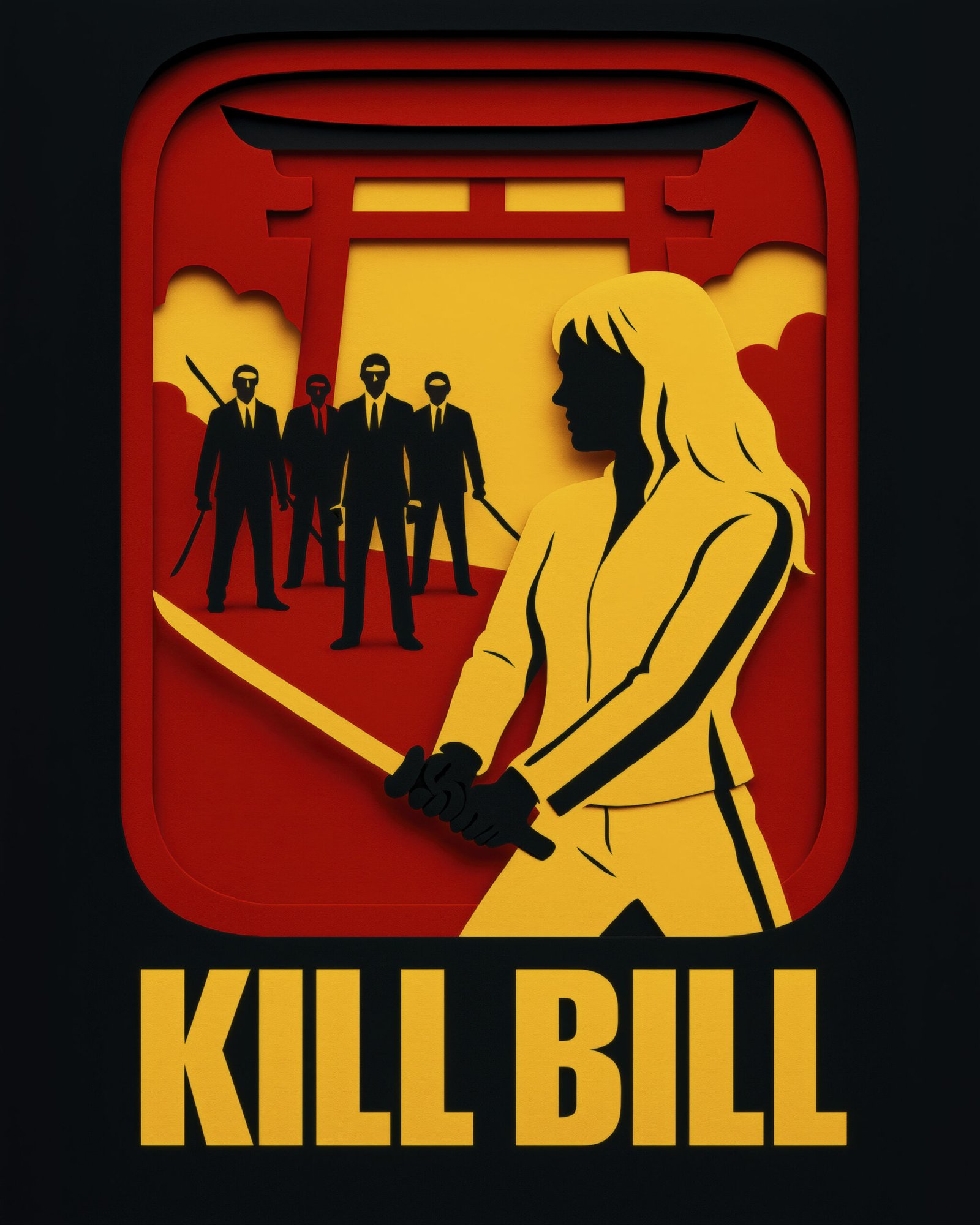Tableau film culte Kill Bill en style papier découpé jaune rouge et noir