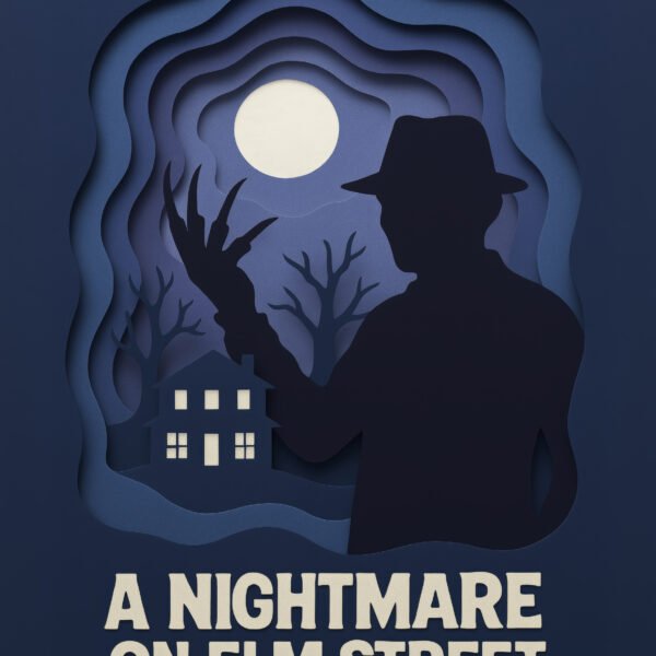 Tableau film culte Les Griffes de la nuit en style papier découpé bleu nuit
