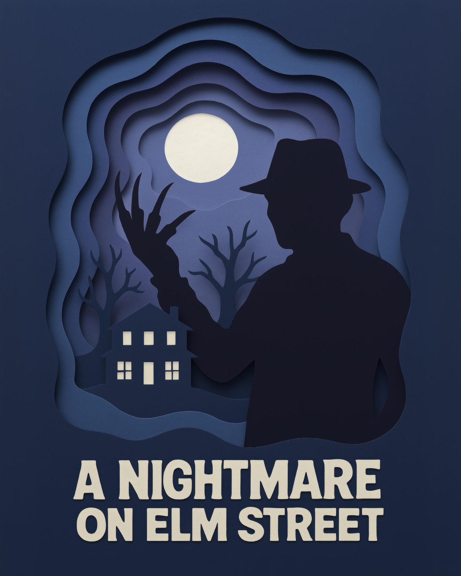 Tableau film culte Les Griffes de la nuit en style papier découpé bleu nuit