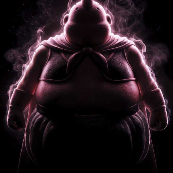 Majin Buu — Tableau Dark Icons, portrait silhouette en clair-obscur à l'aura rose, inspiré de Dragon Ball, art mural premium