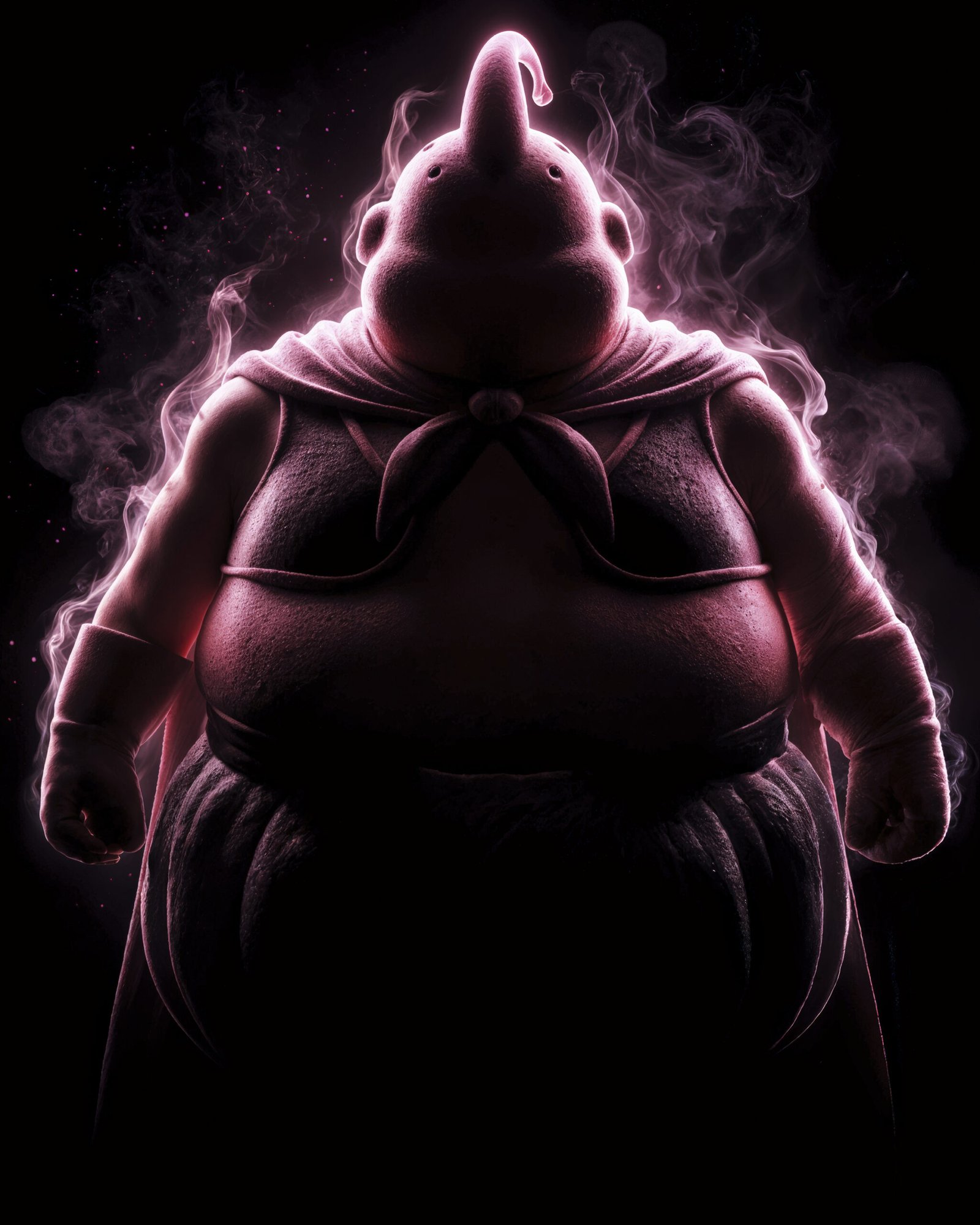 Majin Buu — Tableau Dark Icons, portrait silhouette en clair-obscur à l'aura rose, inspiré de Dragon Ball, art mural premium