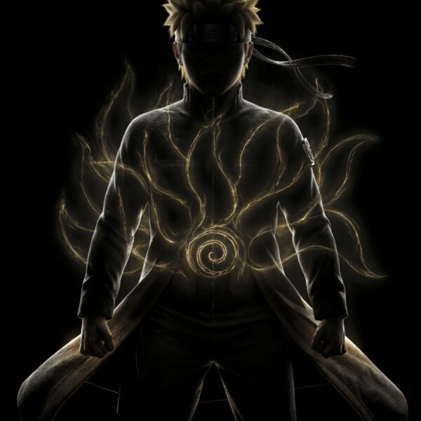 Naruto — Tableau Dark Icons, portrait silhouette en clair-obscur à l'aura dorée et symbole du sceau, inspiré de Naruto, art mural premium