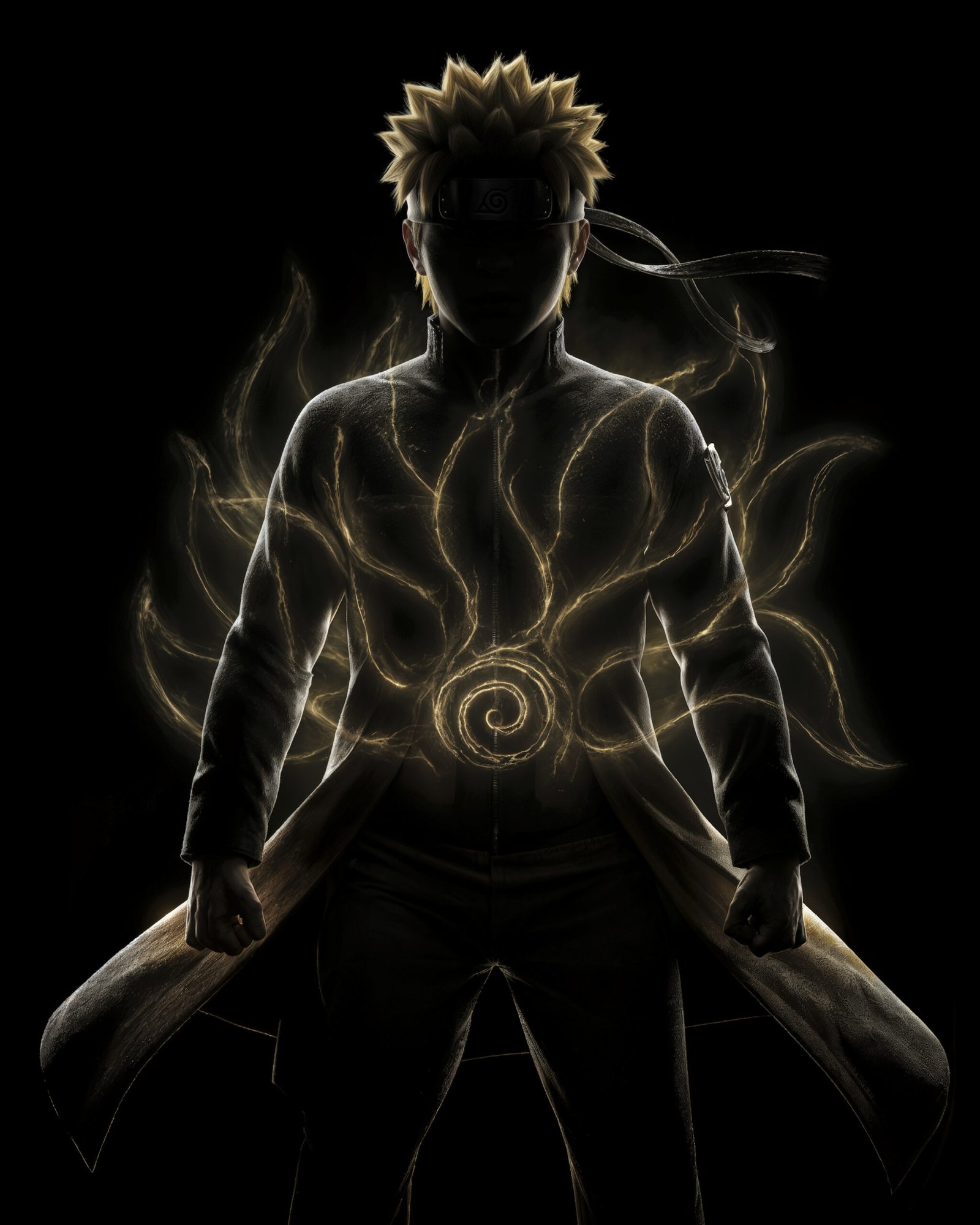 Naruto — Tableau Dark Icons, portrait silhouette en clair-obscur à l'aura dorée et symbole du sceau, inspiré de Naruto, art mural premium