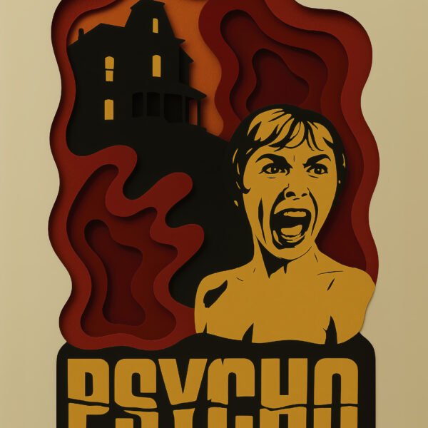Tableau film culte Psychose en style papier découpé jaune rouge et noir