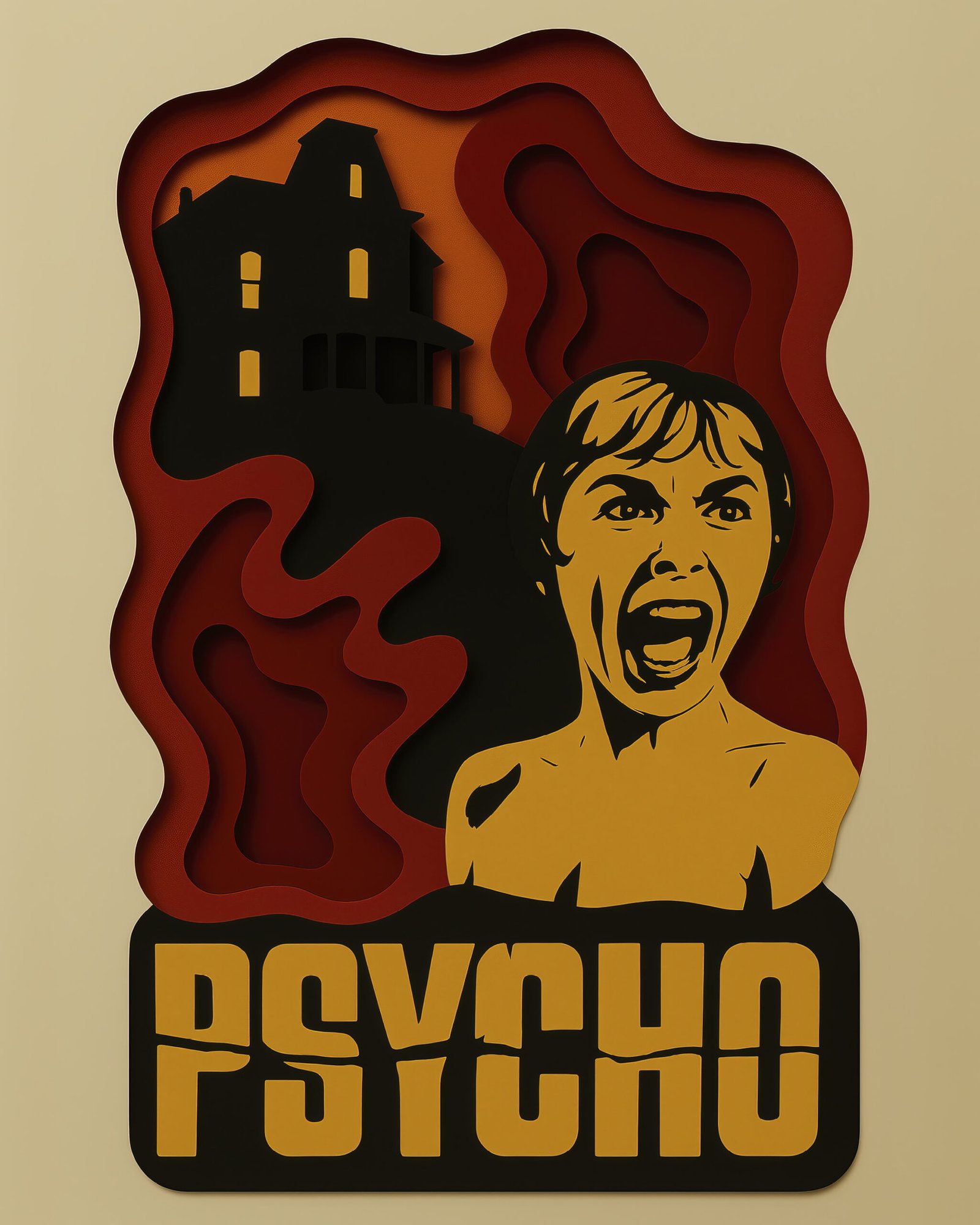 Tableau film culte Psychose en style papier découpé jaune rouge et noir