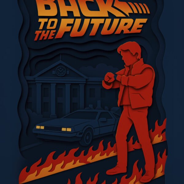 Tableau film culte Retour vers le futur en style papier découpé bleu orange et rouge