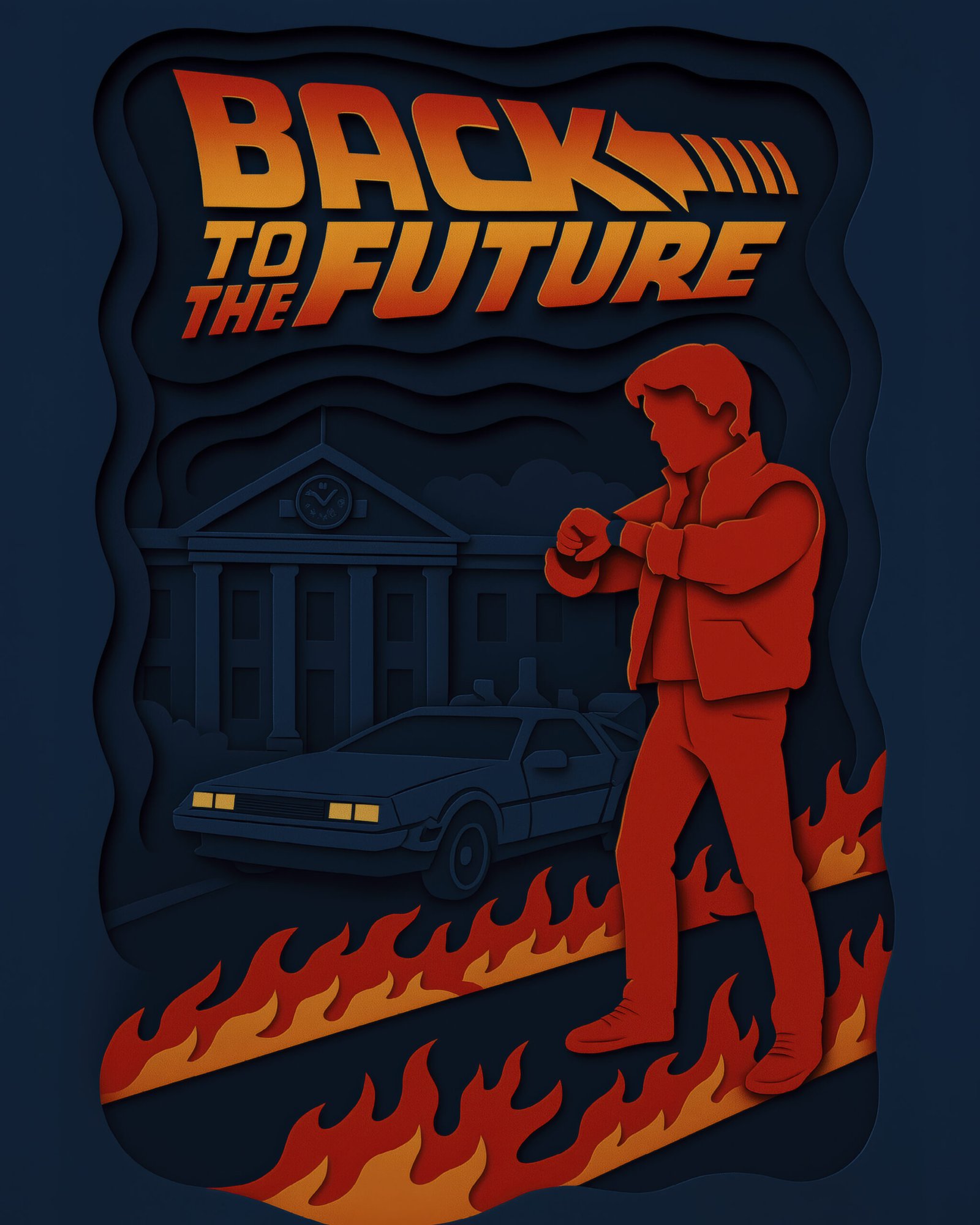 Tableau film culte Retour vers le futur en style papier découpé bleu orange et rouge