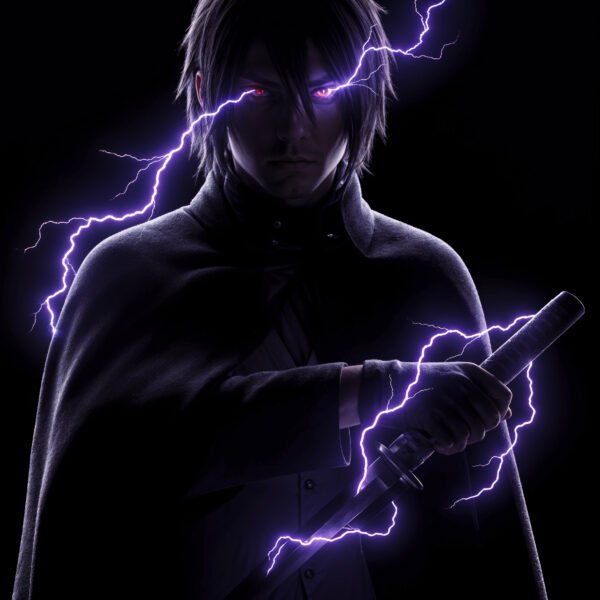Sasuke — Tableau Dark Icons, portrait silhouette en clair-obscur aux éclairs violets et yeux du Sharingan, inspiré de Naruto, art mural premium
