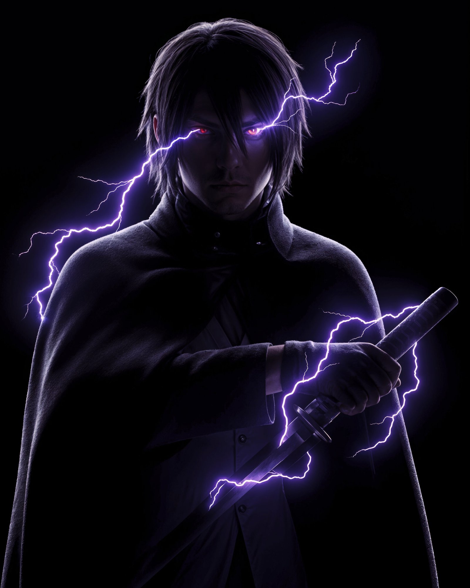 Sasuke — Tableau Dark Icons, portrait silhouette en clair-obscur aux éclairs violets et yeux du Sharingan, inspiré de Naruto, art mural premium