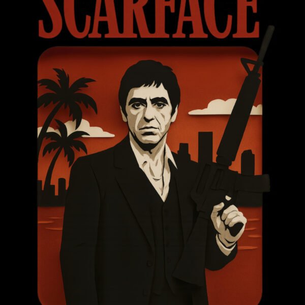 Tableau film culte Scarface en style papier découpé noir rouge et beige