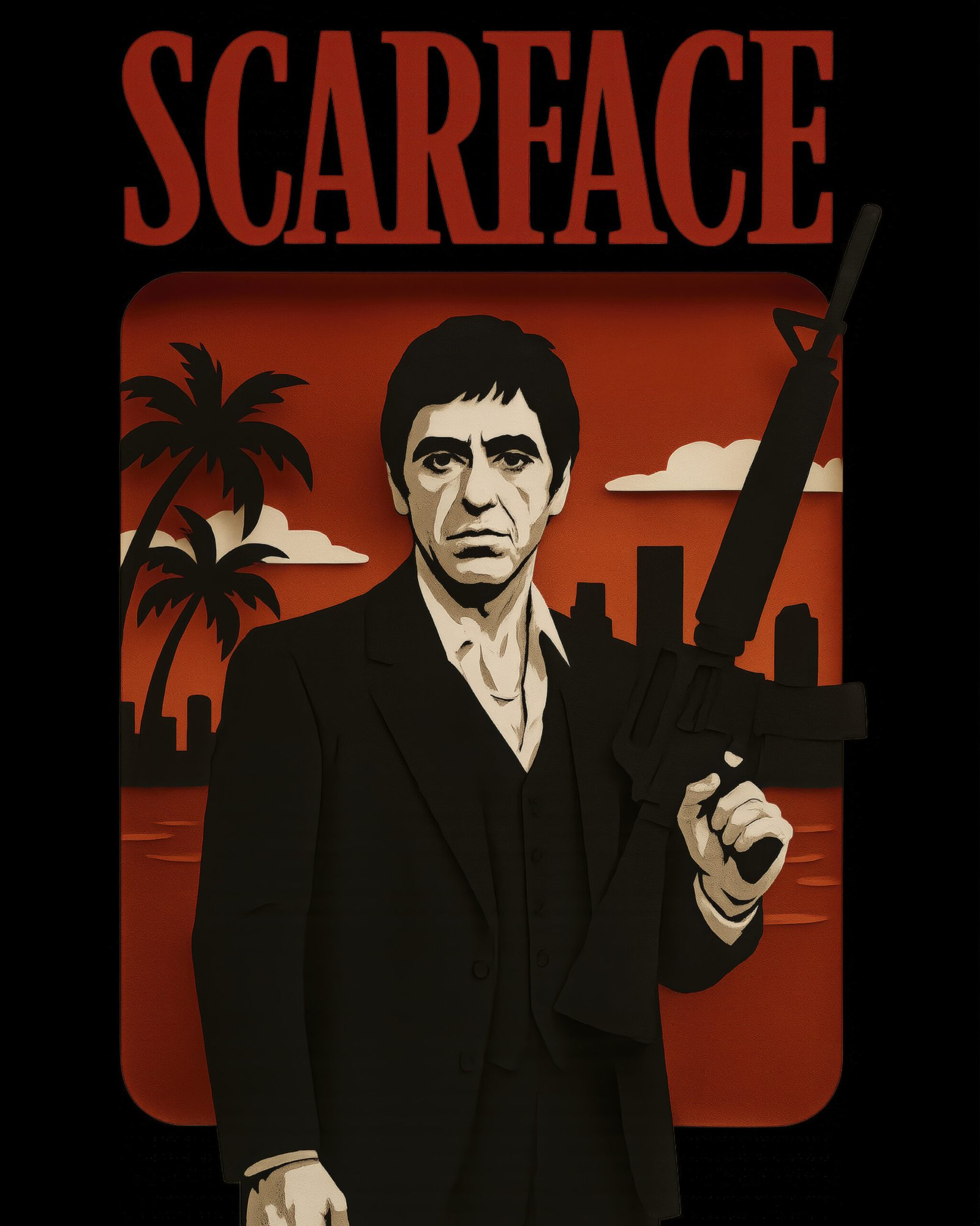 Tableau film culte Scarface en style papier découpé noir rouge et beige