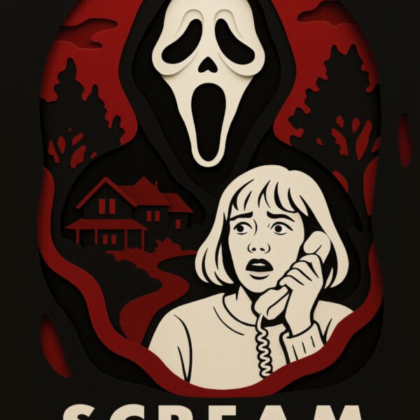 Tableau film culte Scream en style papier découpé noir rouge et blanc