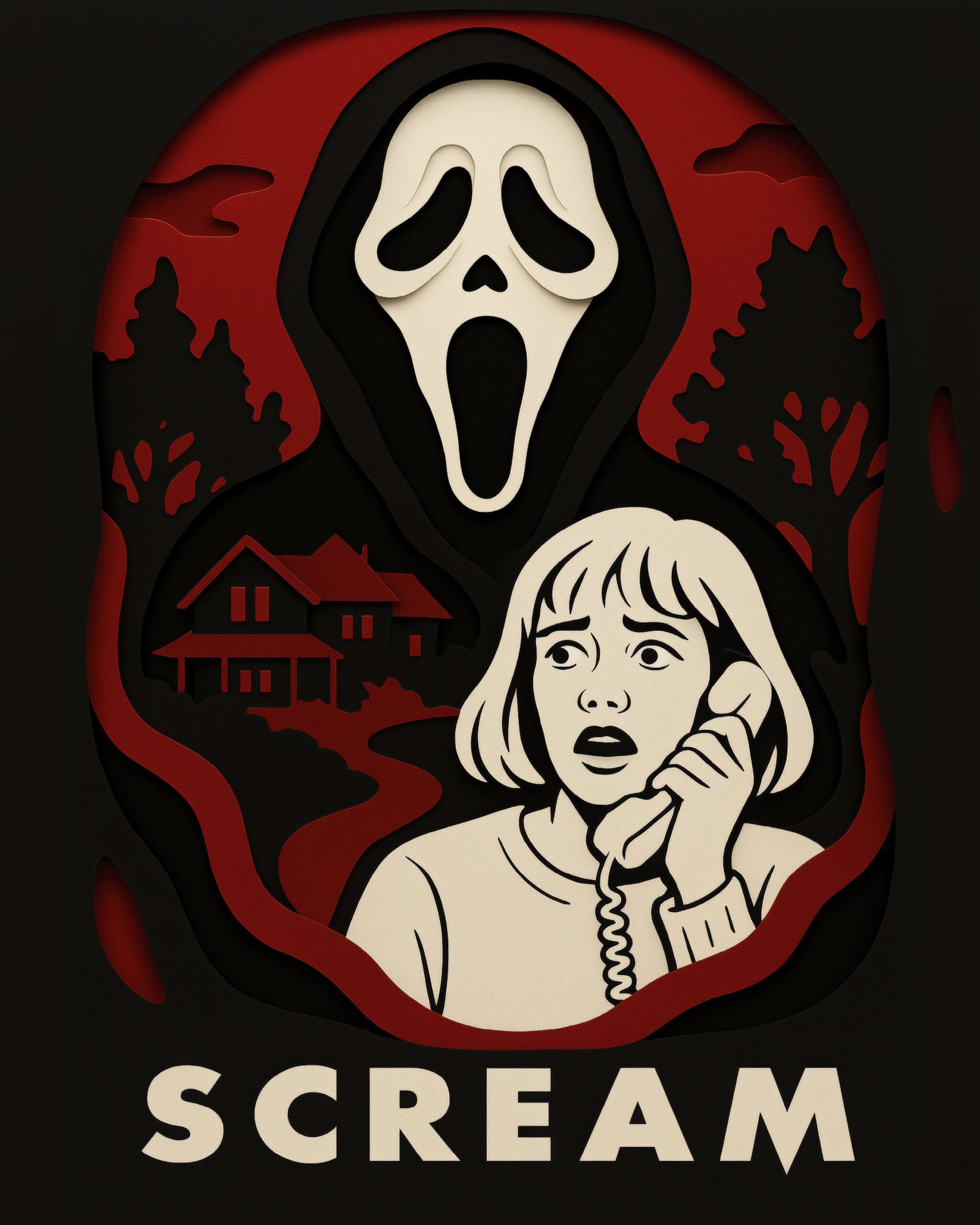 Tableau film culte Scream en style papier découpé noir rouge et blanc