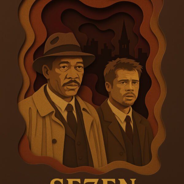 Tableau film culte Seven en style papier découpé brun doré et noir
