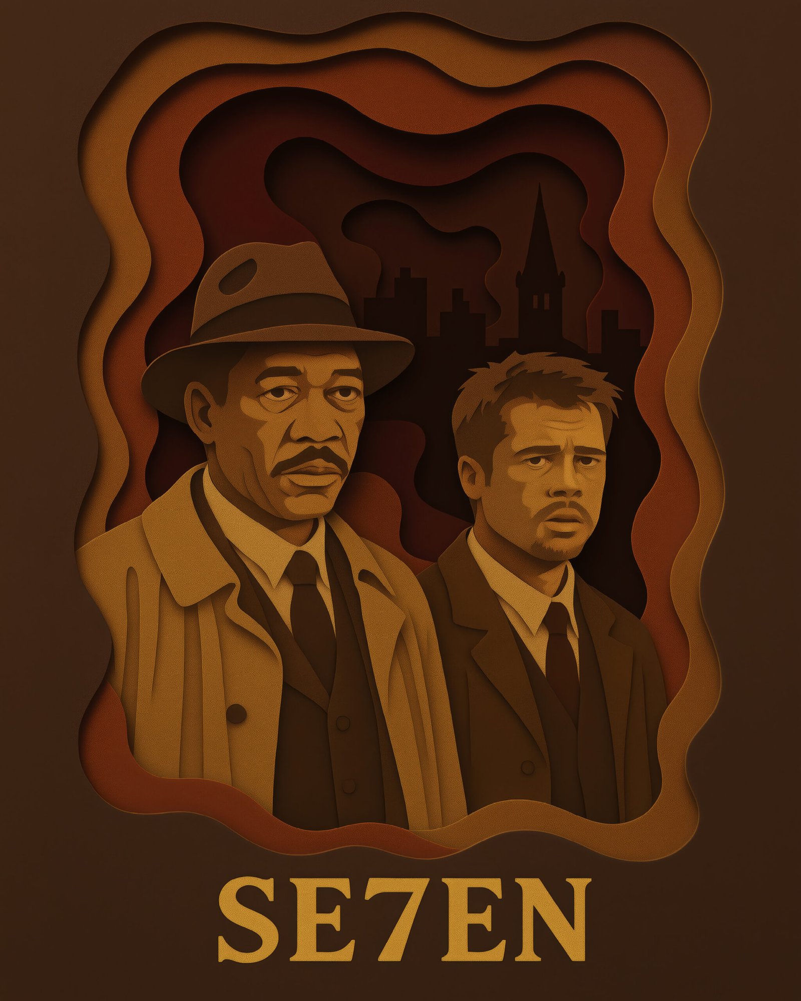 Tableau film culte Seven en style papier découpé brun doré et noir