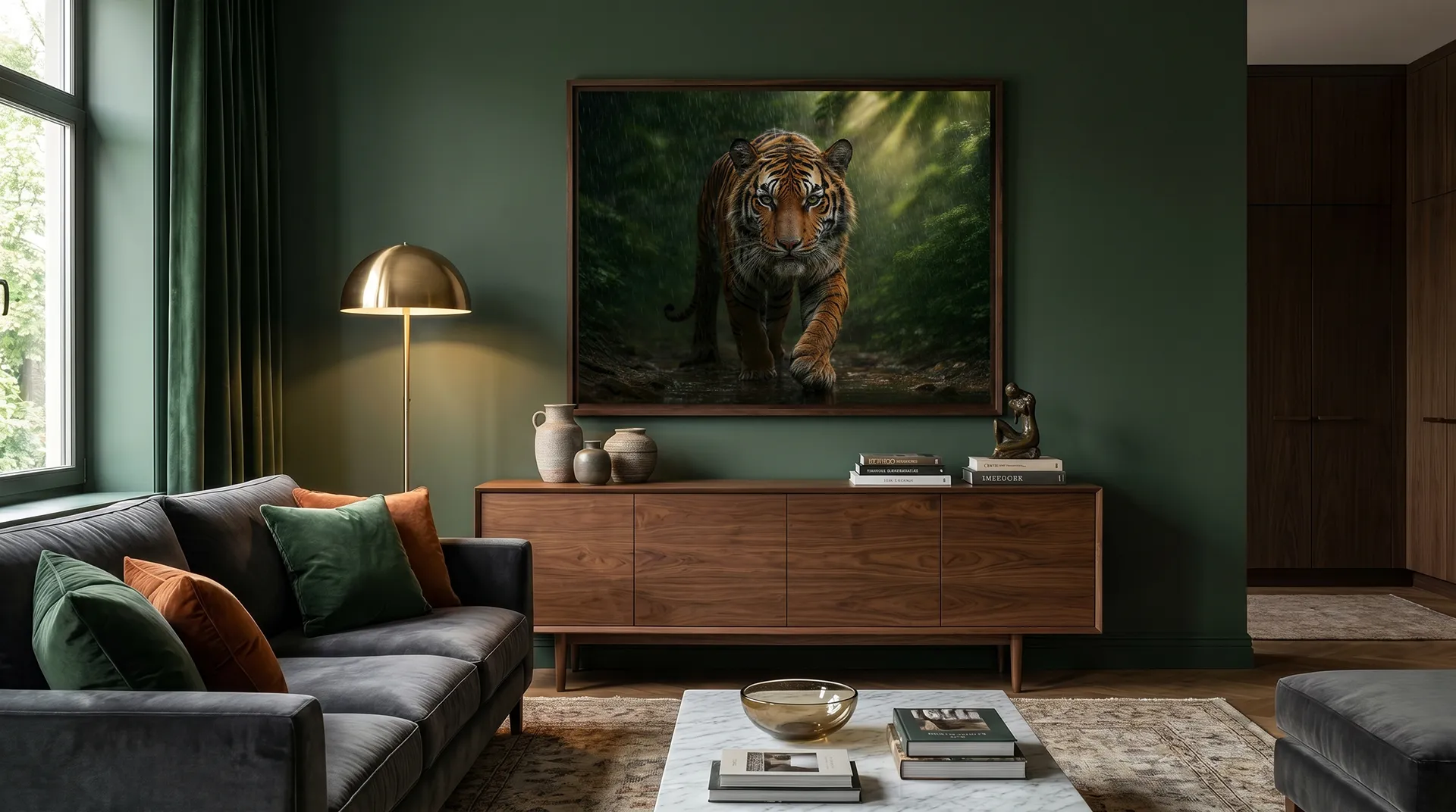 Tableau tigre dans un salon vert contemporain Graphic Avenue