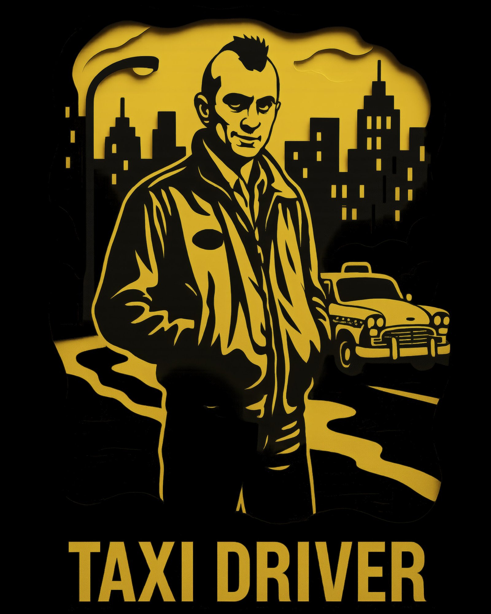 Tableau film culte Taxi Driver en style papier découpé noir et jaune
