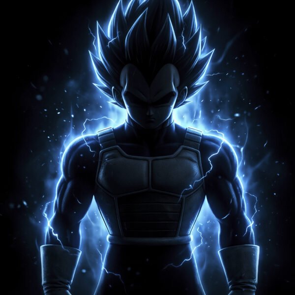 Vegeta — Tableau Dark Icons, portrait silhouette en clair-obscur à l'aura bleue Super Saiyan, inspiré de Dragon Ball, art mural premium