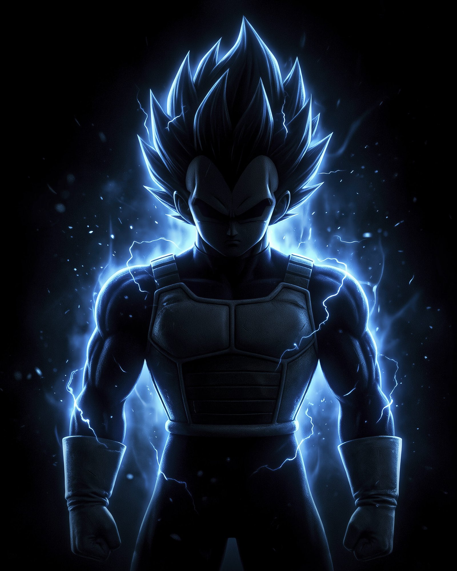 Vegeta — Tableau Dark Icons, portrait silhouette en clair-obscur à l'aura bleue Super Saiyan, inspiré de Dragon Ball, art mural premium