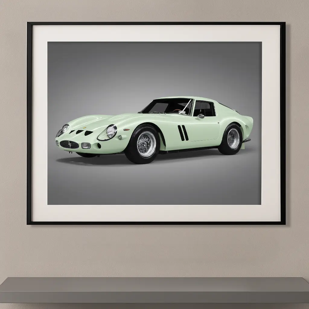 Tableau Ferrari 250 GTO vert céladon présenté sur fond gris minimaliste mettant en valeur les lignes iconiques de l'une des automobiles les plus prestigieuses de l'histoire.