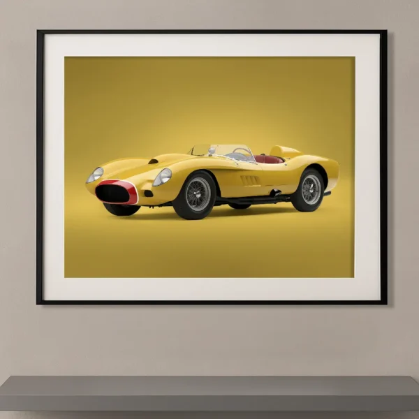 Tableau Ferrari 250 Testa Rossa jaune présenté sur fond monochrome doré dans une composition minimaliste mettant en valeur les lignes iconiques de cette légendaire voiture de course.