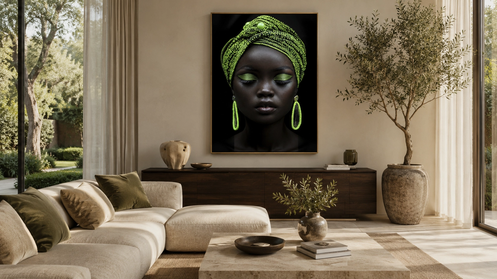 Mise en situation d'un portrait de femme au turban et bijoux perlés verts, dans un salon contemporain – catégorie Beauté Ethnique
