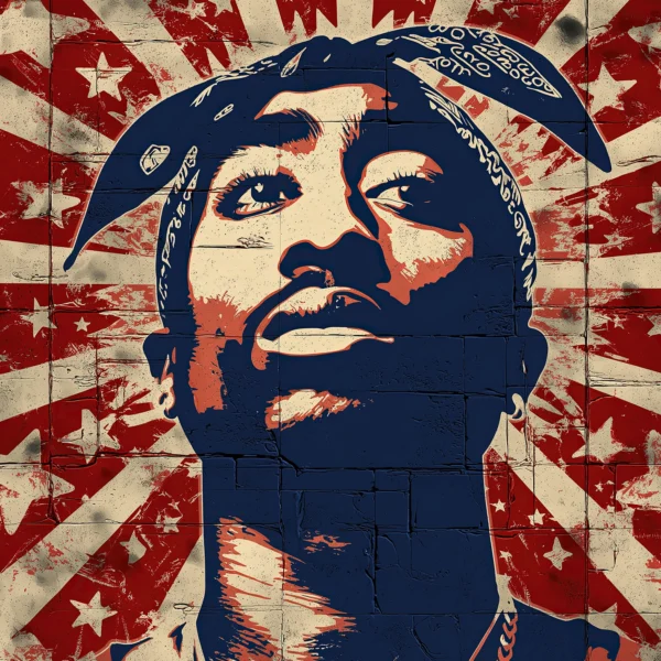 Portrait Street Art de 2Pac dans un style Pop Art contemporain aux couleurs rouge, crème et bleu avec fond graphique vintage.