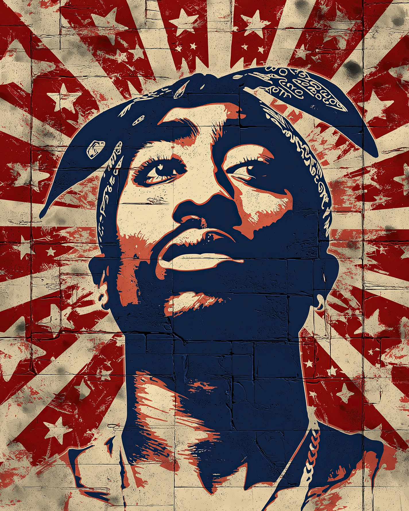 Portrait Street Art de 2Pac dans un style Pop Art contemporain aux couleurs rouge, crème et bleu avec fond graphique vintage.