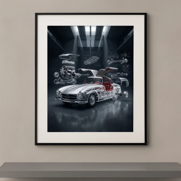 Tableau 300 SL Anatomy représentant une Mercedes-Benz 300 SL Gullwing en vue éclatée avec portes papillon ouvertes, châssis apparent, moteur suspendu et plans techniques dans une composition artistique contemporaine.