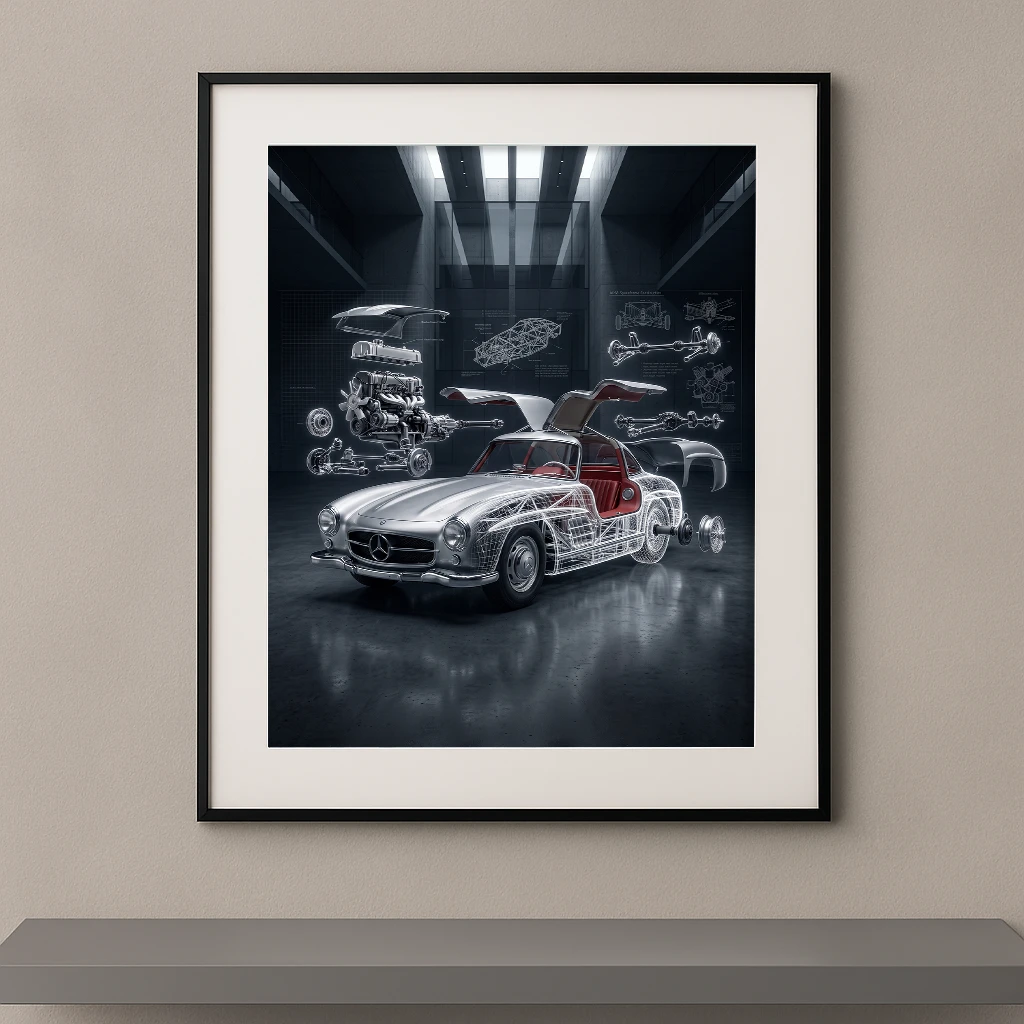 Tableau 300 SL Anatomy représentant une Mercedes-Benz 300 SL Gullwing en vue éclatée avec portes papillon ouvertes, châssis apparent, moteur suspendu et plans techniques dans une composition artistique contemporaine.