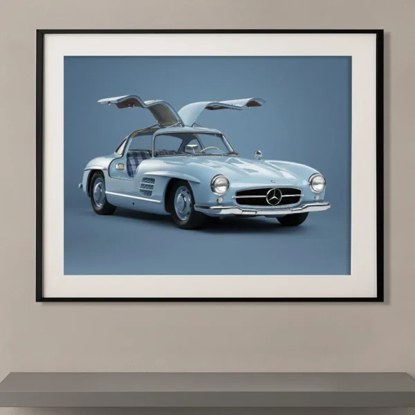 Tableau Mercedes-Benz 300 SL Gullwing bleu glacier avec portes papillon ouvertes sur fond bleu minimaliste mettant en valeur cette automobile de collection emblématique.