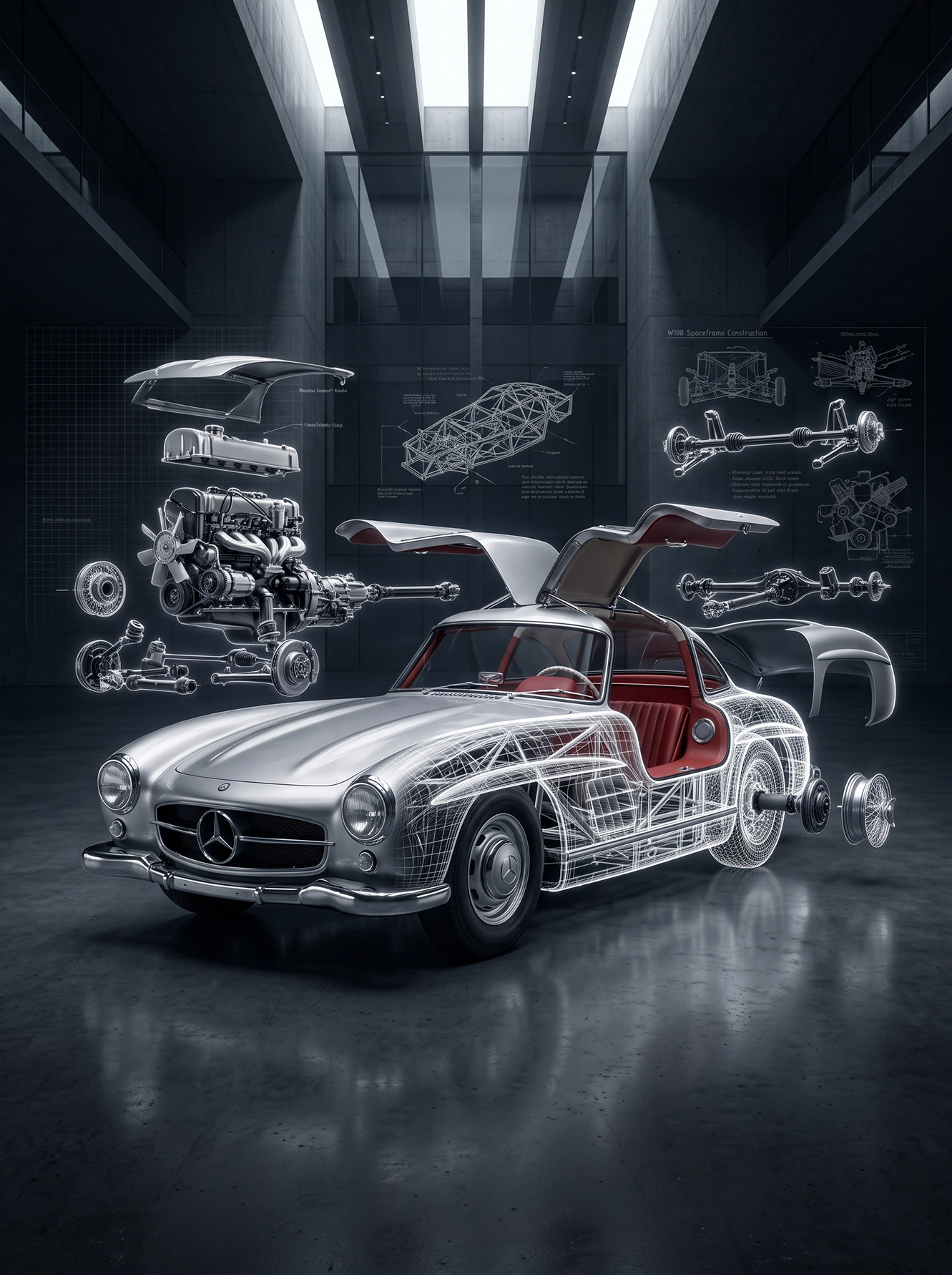 300 SL Anatomy — Mercedes-Benz 300 SL Gullwing en vue éclatée technique, art mural premium