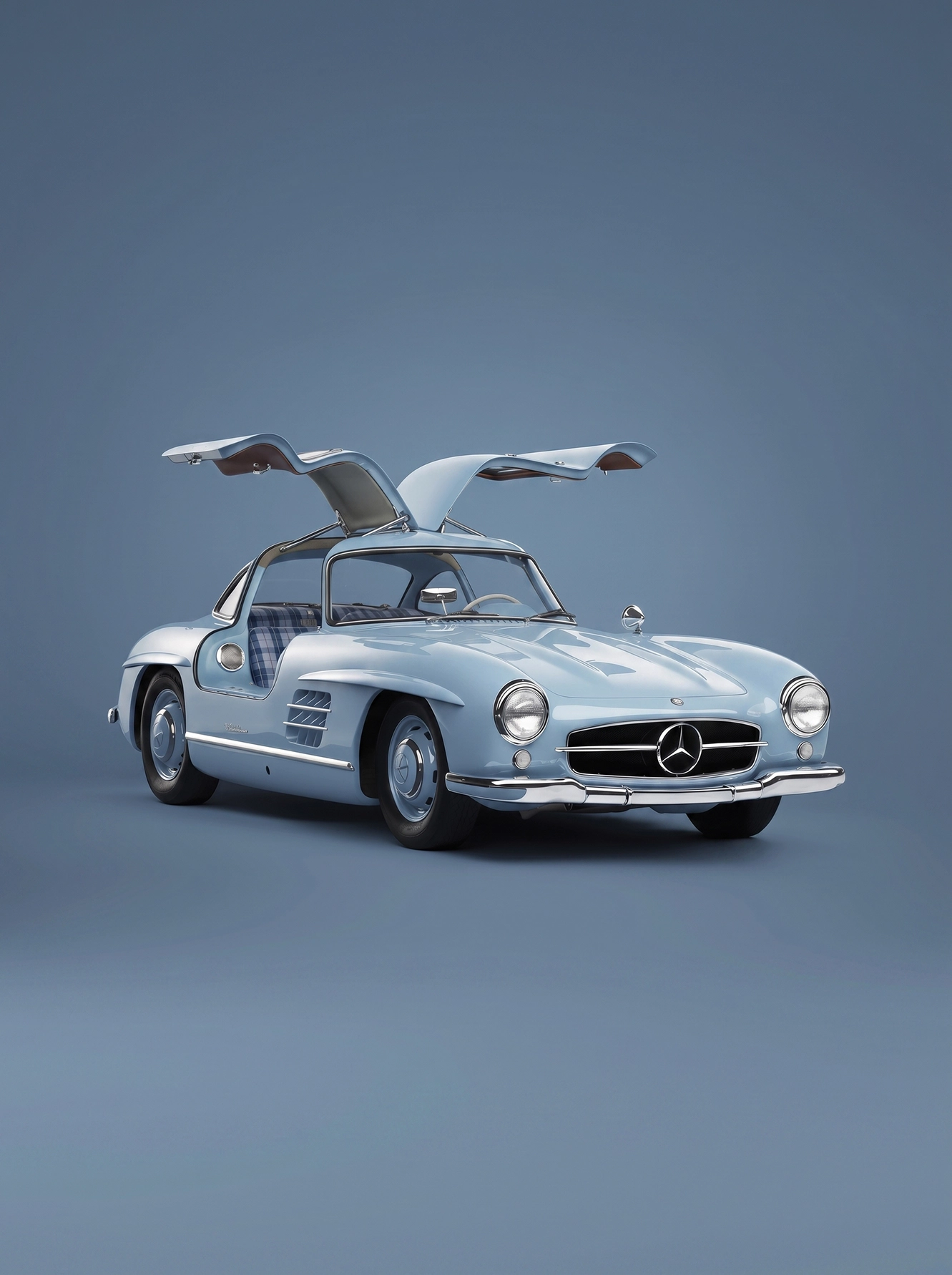 300 SL Gullwing Glacier Blue — Mercedes-Benz 300 SL portes papillon ouvertes, bleu glacier, art mural premium