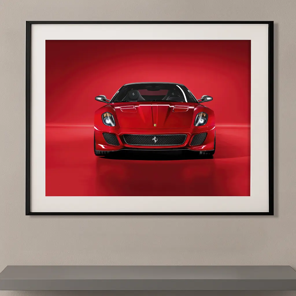Tableau Ferrari 599 GTO rouge en vue frontale sur fond rouge monochrome dans une composition minimaliste mettant en valeur le design emblématique de cette GT d'exception.