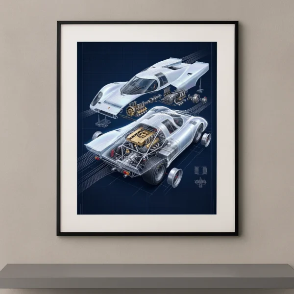 Tableau 917 Prototype représentant une Porsche 917K en vue éclatée avec carrosserie suspendue, moteur Flat-12 apparent, châssis visible et plans techniques dans une composition artistique contemporaine.