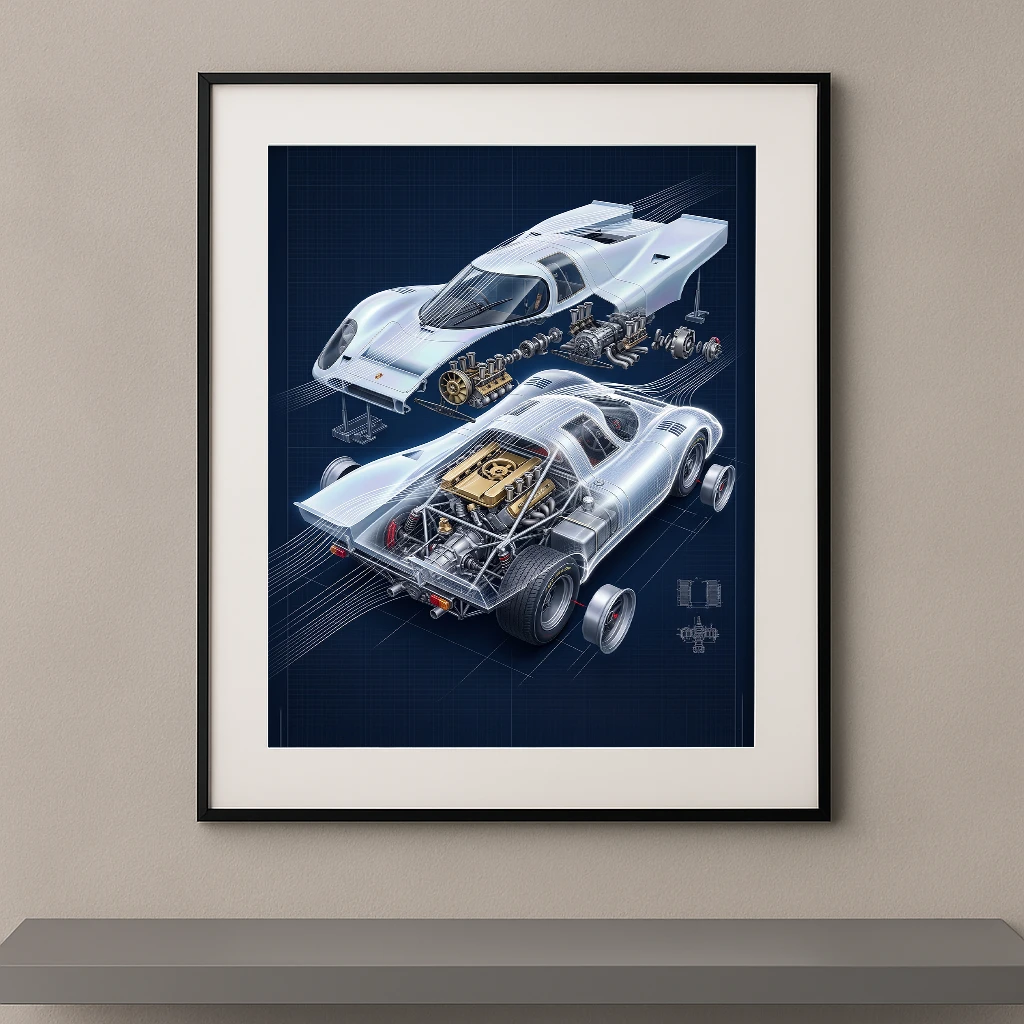 Tableau 917 Prototype représentant une Porsche 917K en vue éclatée avec carrosserie suspendue, moteur Flat-12 apparent, châssis visible et plans techniques dans une composition artistique contemporaine.