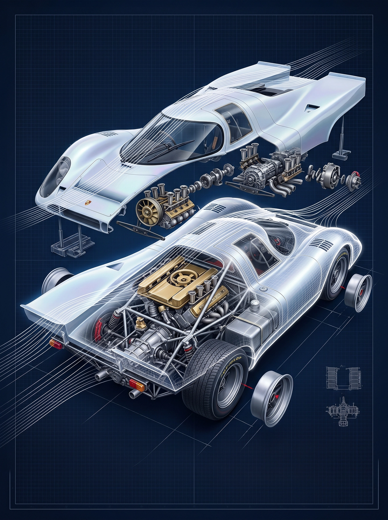 917 Prototype — Porsche 917K en vue éclatée, châssis tubulaire et moteur Flat-12, art mural premium