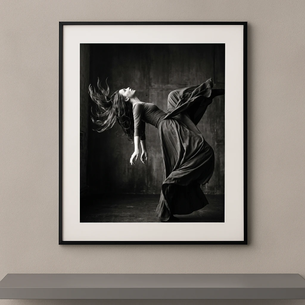 Tableau noir et blanc d’une femme basculant en arrière dans un mouvement dramatique