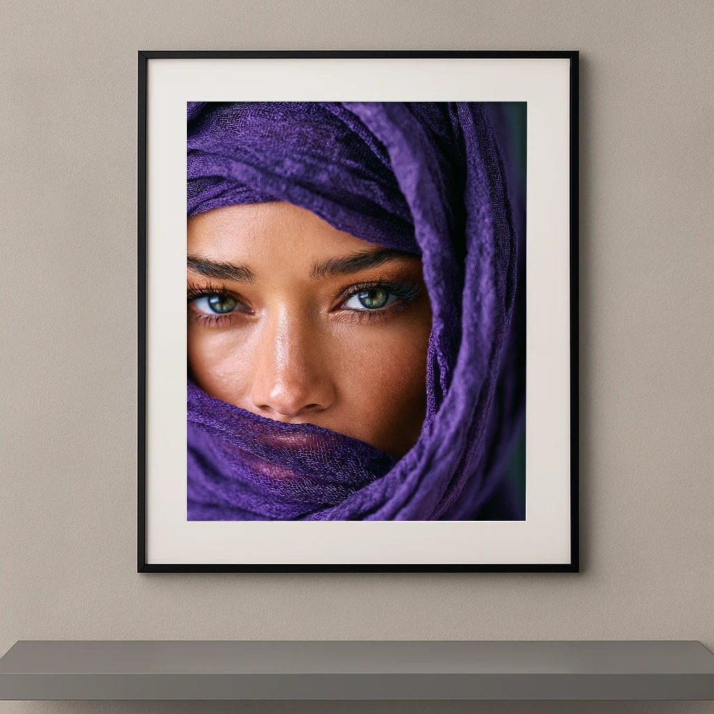 Portrait artistique d'un regard vert intense dévoilé derrière un voile violet dans un style photographique Fine Art contemporain.