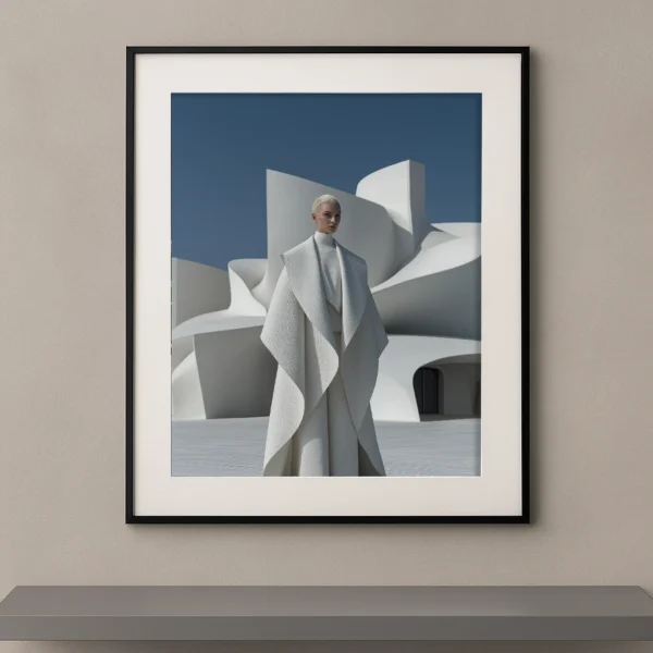Architecture Blanche, femme vêtue d’une tenue haute couture blanche devant une architecture organique minimaliste