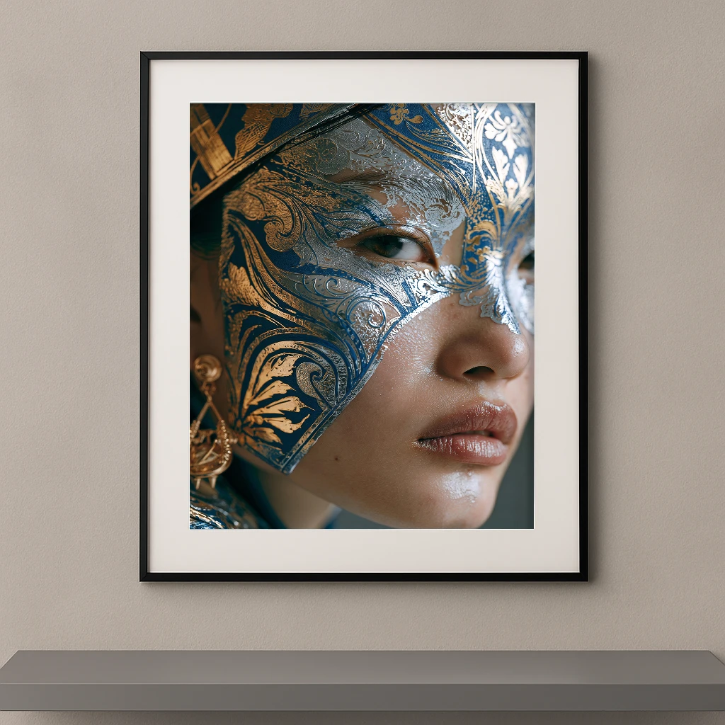 Portrait artistique d'une femme portant un masque argenté et bleu richement gravé aux motifs baroques inspirés de Venise.