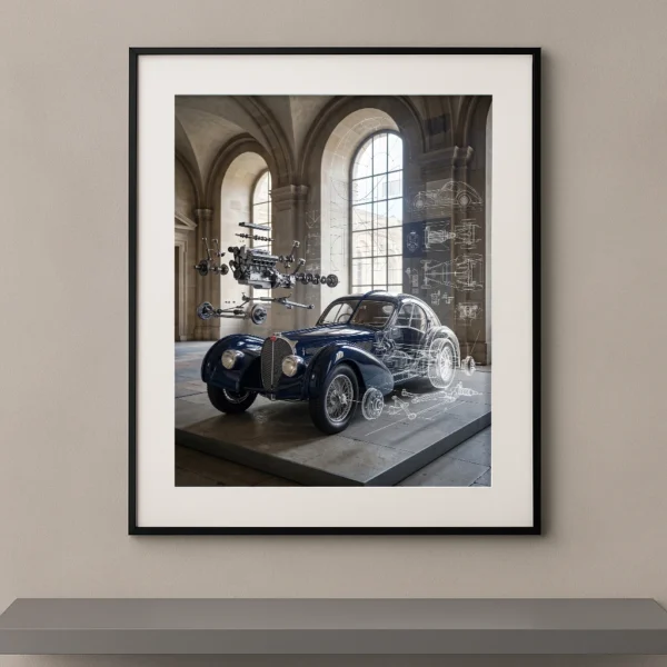 Tableau Atlantic Anatomy représentant une Bugatti Type 57SC Atlantic avec moteur en vue éclatée, plans techniques et architecture monumentale dans une composition artistique contemporaine.