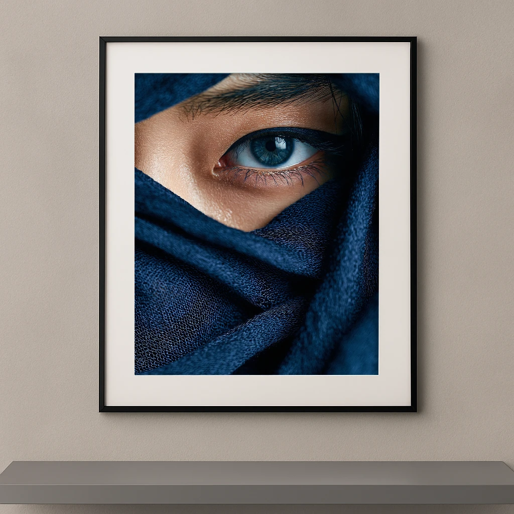 Portrait artistique d'un regard bleu intense apparaissant derrière un voile bleu nuit dans un style photographique contemporain.