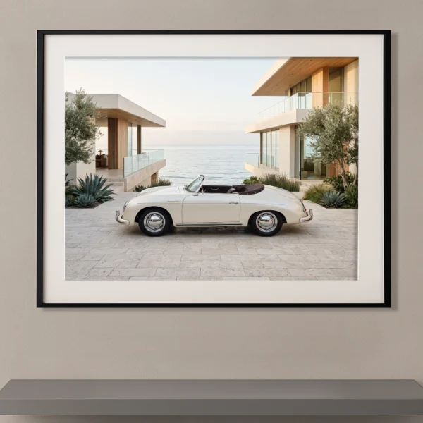 Porsche 356 Speedster ivoire devant une villa contemporaine avec vue sur la mer, photographie Fine Art.